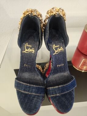 Christian Louboutin Denim Chain-Trim Sandals in Blue